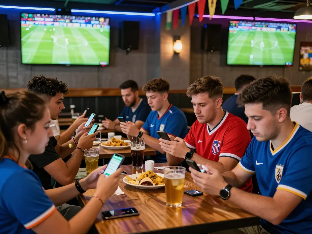 Fans engaging in keonhacai betting during an exciting live football match in a sports bar.