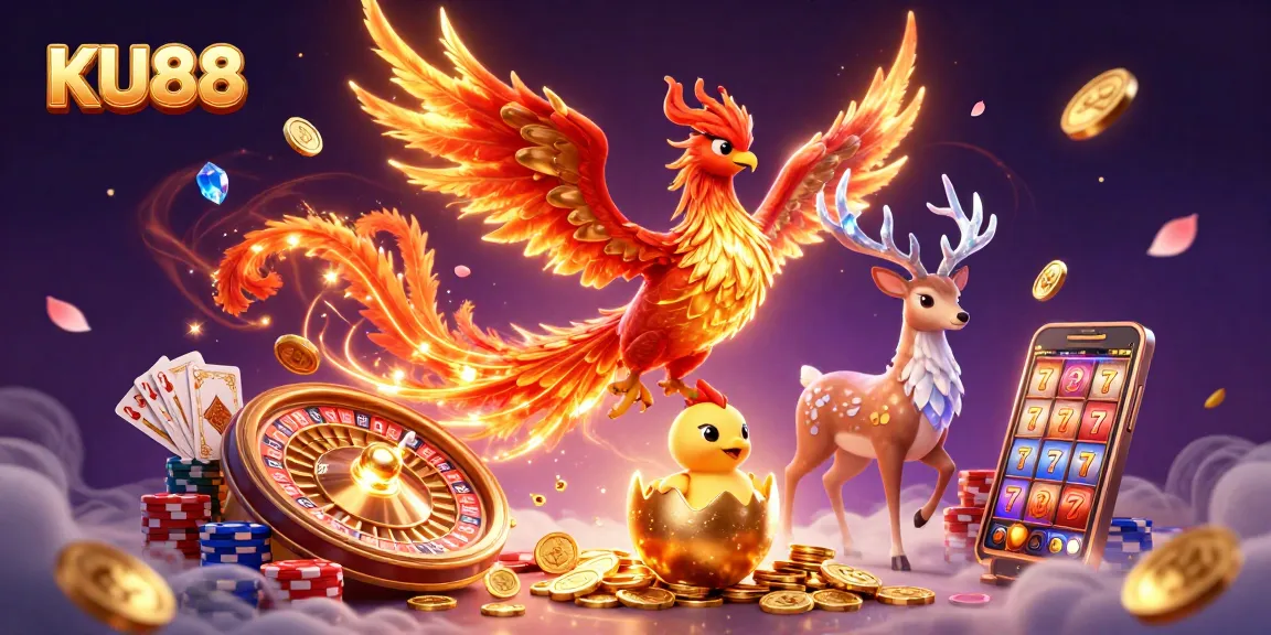 Experience the vibrant KU88 casino world with a phoenix and mystical stag amidst winning games.