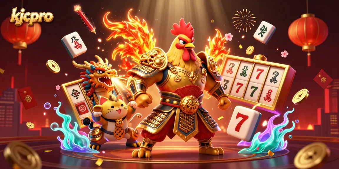 KJC Pro showcases a vibrant casino scene with a rooster warrior and dragon, embodying luck and fortune.
