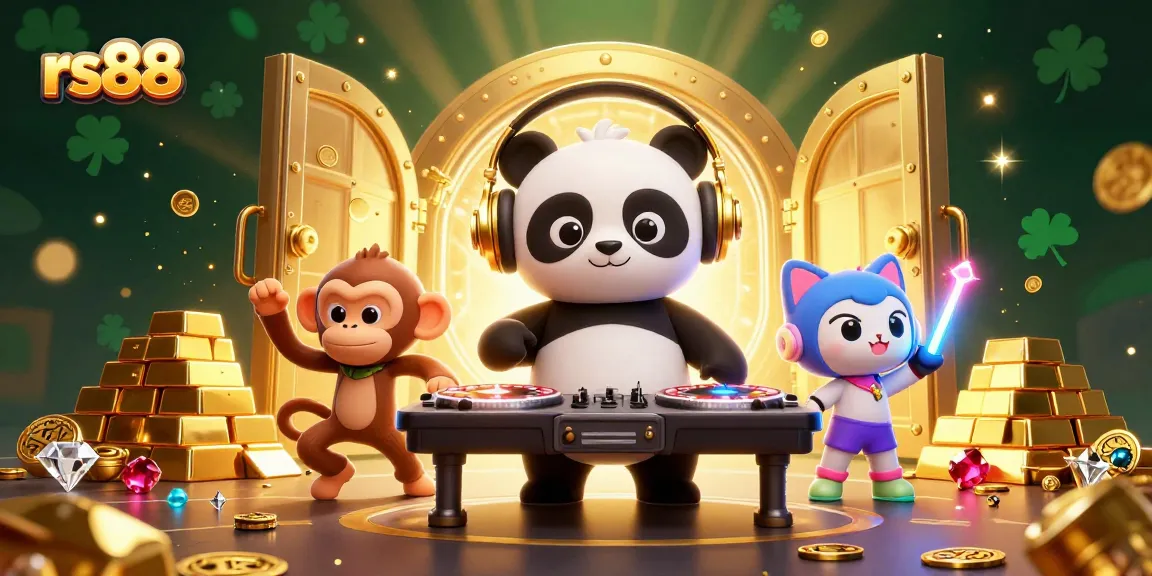 Experience excitement at rs88 casino with a DJ panda, dancing monkey, and kitten in a vibrant gambling scene.