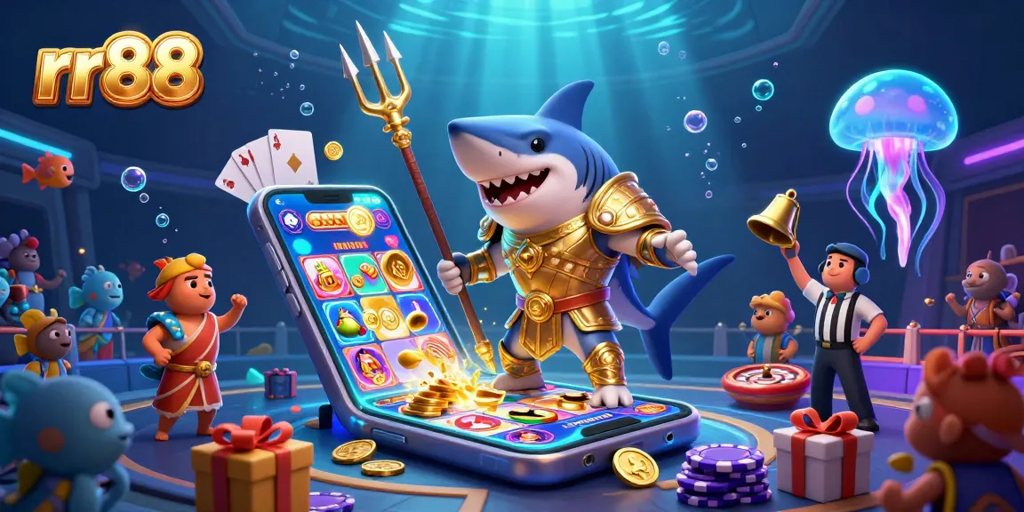 Experience thrilling action at rr88 with a vibrant underwater casino scene featuring a golden tiger shark and dynamic game elements.