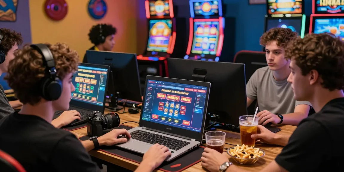 Engaging group of players exploring credit card casinos online, social gaming atmosphere with snacks and laptops.
