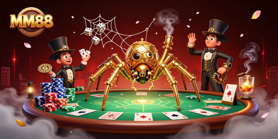 Join the excitement of MM88 with a 3D illustration of a steampunk spider and poker elements, showcasing thrilling gambling action.