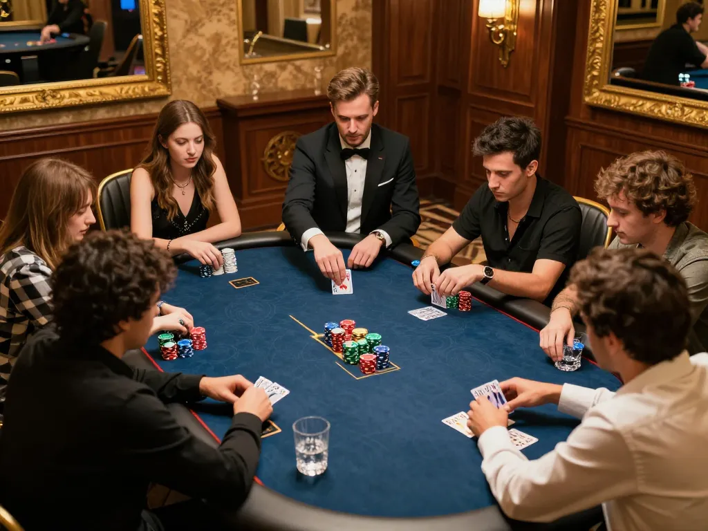 Players engage in a thrilling poker game at NK88 casino, showcasing strategic betting and camaraderie.