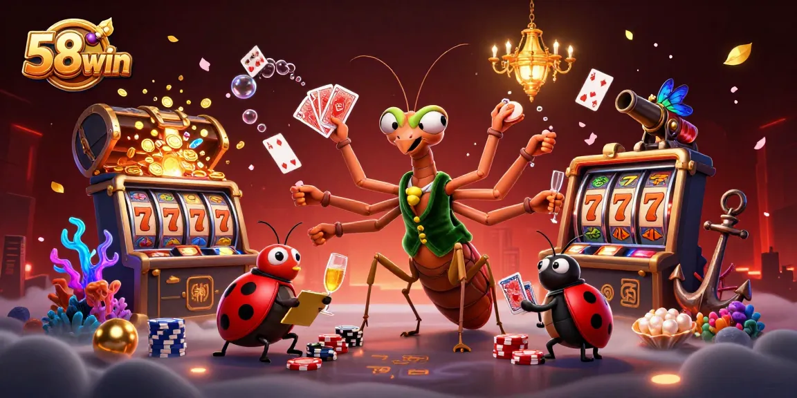 Experience the thrill of 58win with the giant mantis card sharp, spinning slot reels, and vibrant casino elements.