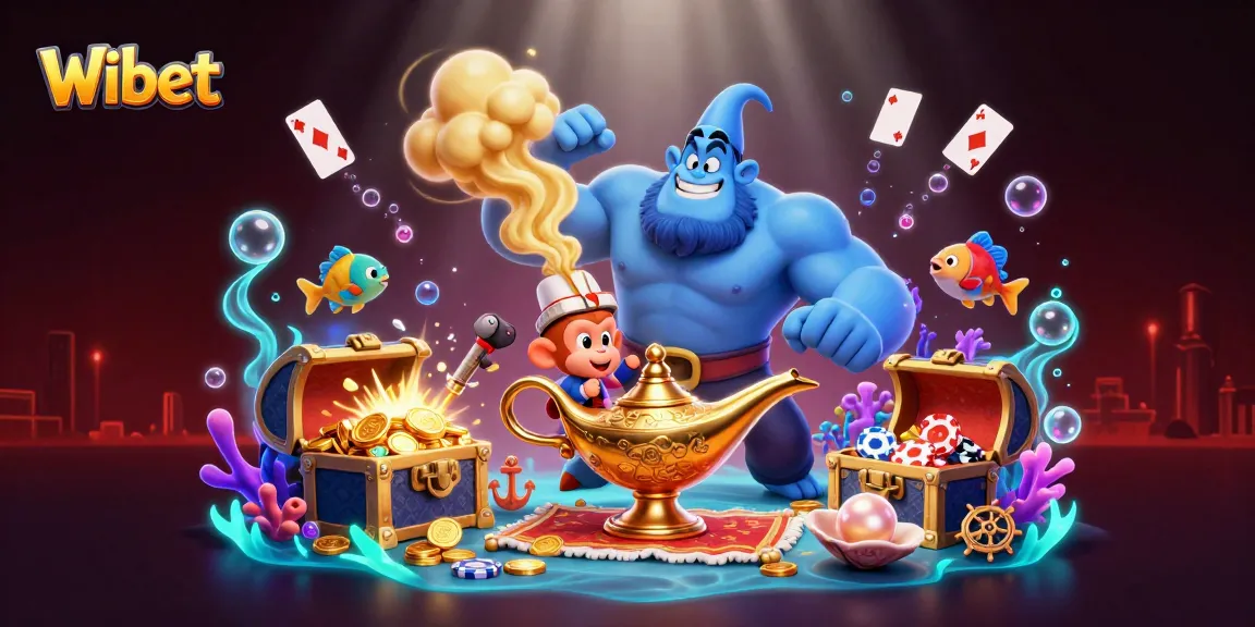 Join Wibet for thrilling gaming adventures with muscled genie, poker chips, and underwater treasures.