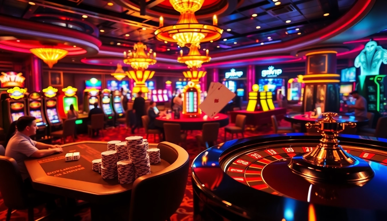 Experience the thrill of 68VIP casino with vibrant gaming tables and slot machines.