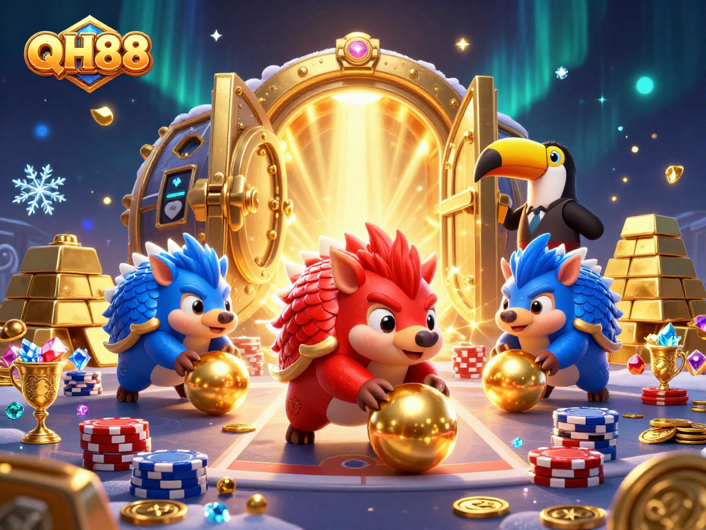QH88 pangolins compete while rolling poker chips in a vibrant casino scene.