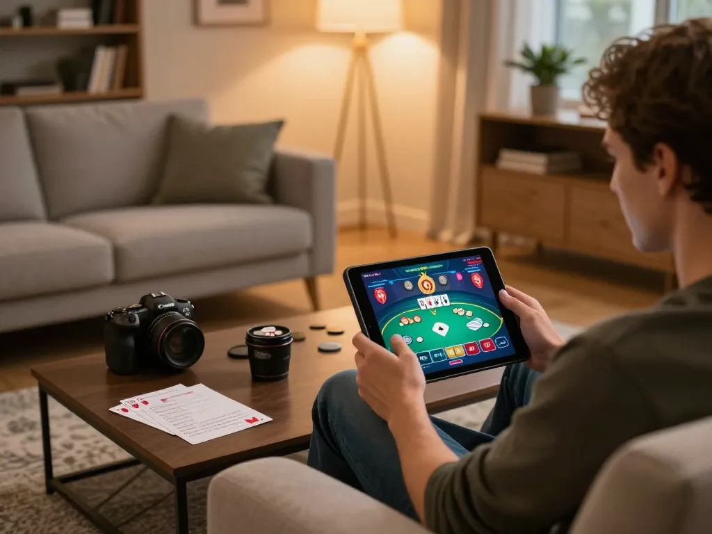 Enjoying online games at home with 888NEW tablet interface showing poker action.
