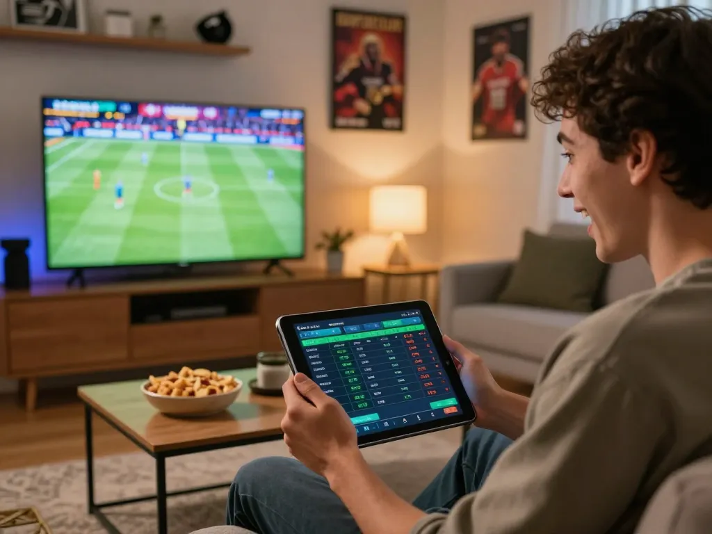 Person engaging with Bsport's sports betting interface on a tablet while watching a live match in a cozy environment.