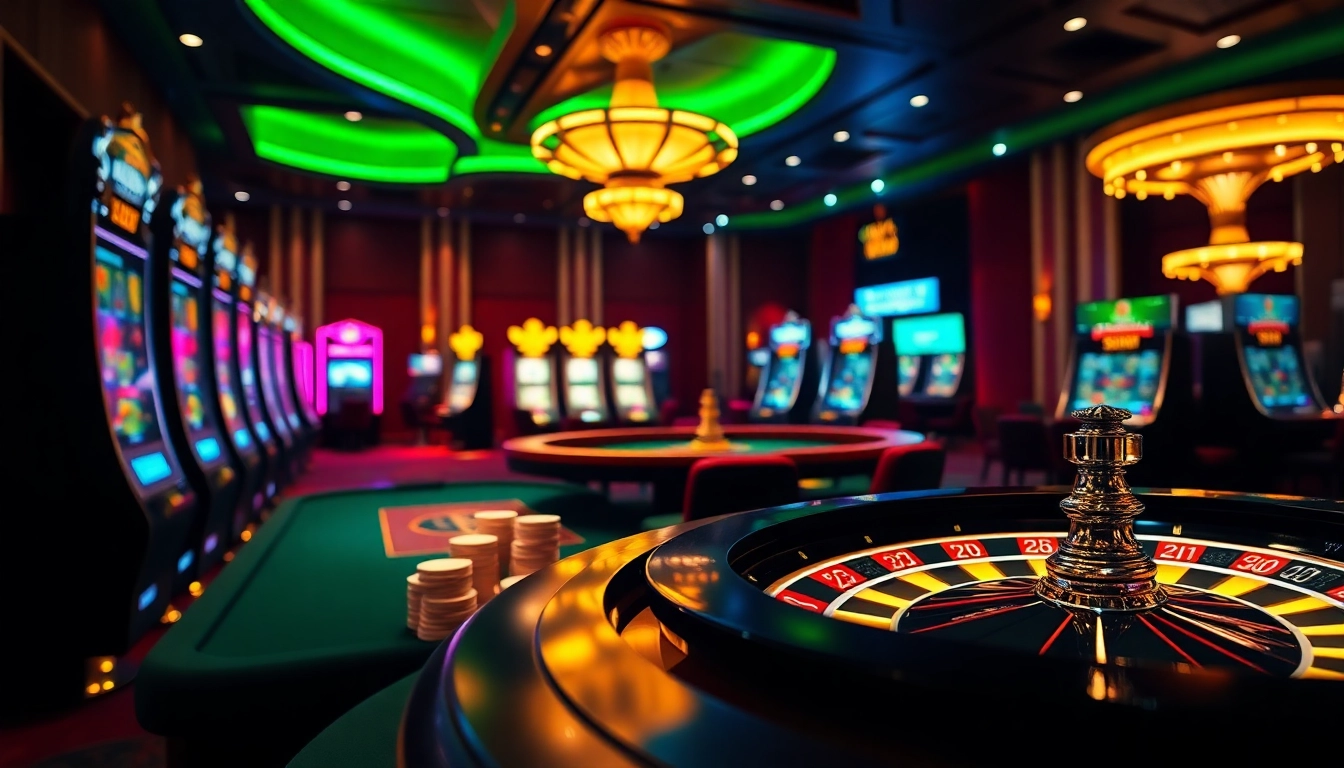 Experience Luckywin's exciting online casino with vibrant slot machines and poker tables.