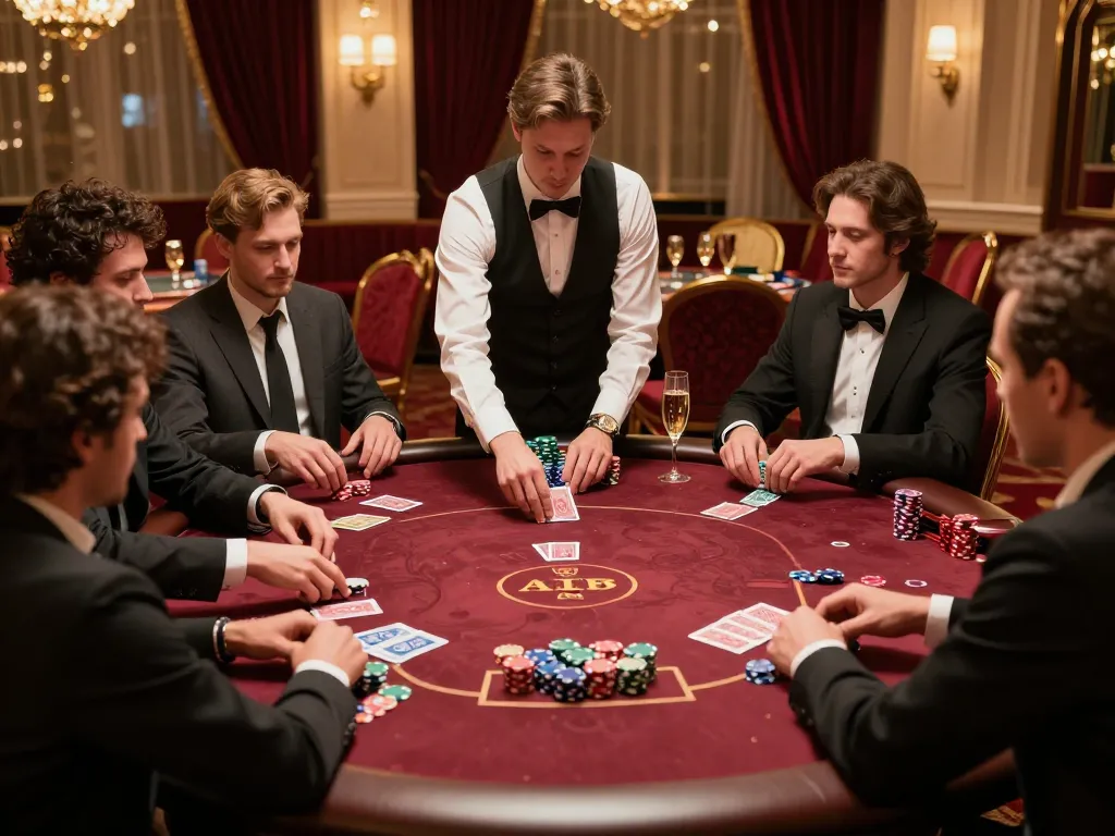 33WIN players strategizing in a lavish poker room filled with excitement and high stakes