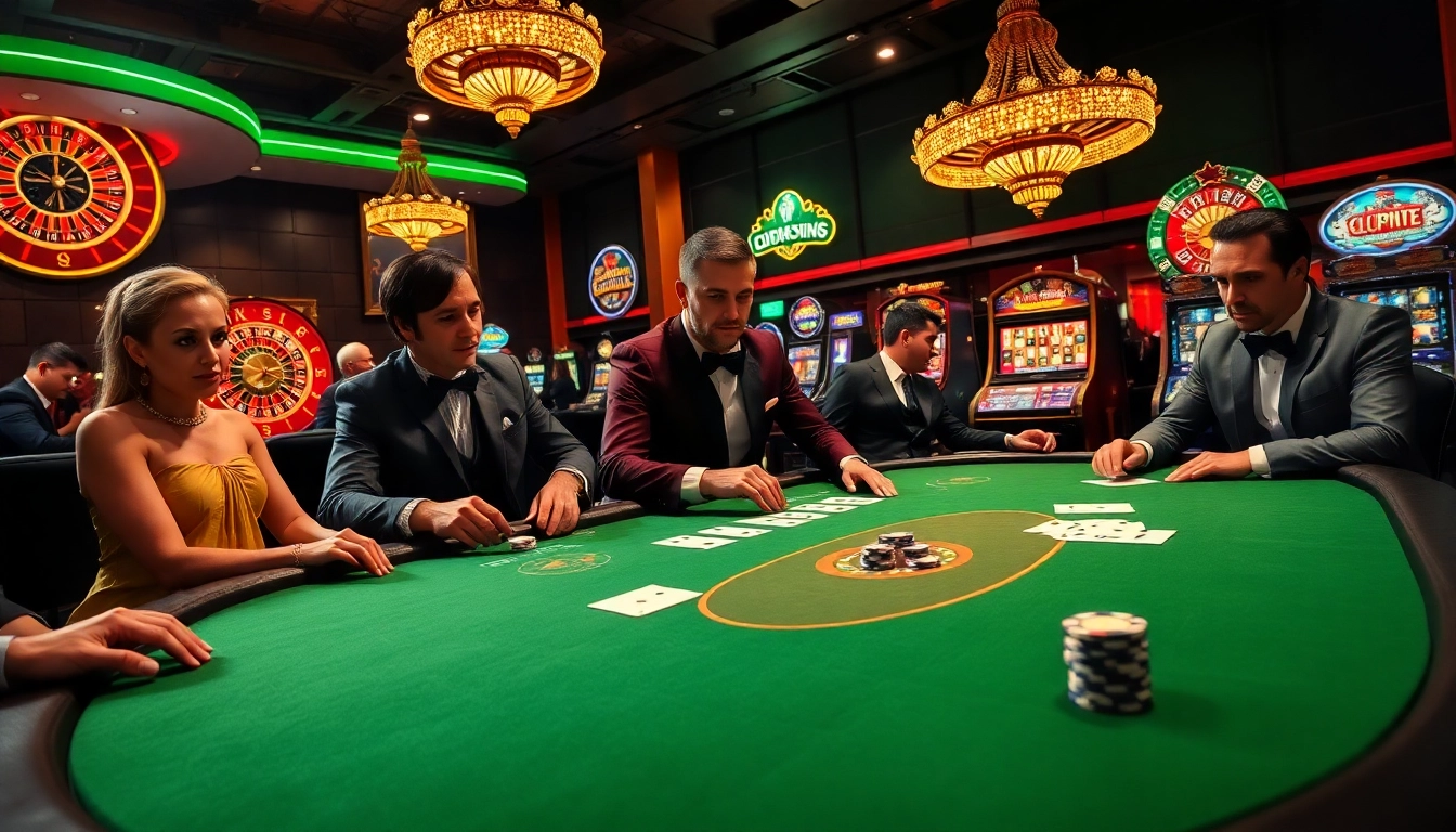 KJC.football players enjoying poker at a luxurious table surrounded by vibrant casino elements.