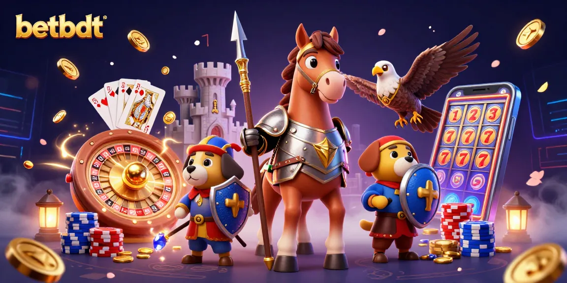 Betbdt celebrates gaming action with a knight, puppy, and falcon in an exciting online casino scene.