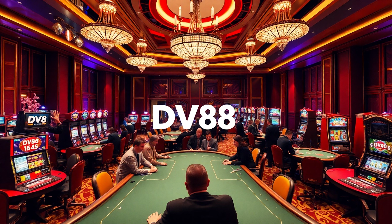 High-stakes gaming experience at DV88 casino with poker players and vivid slot machines.