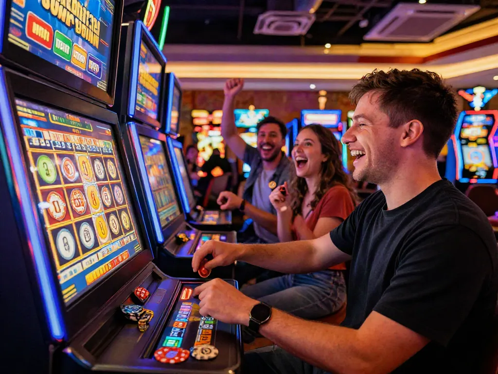 Slots that accept credit cards, player celebrating a win at a vibrant casino slot machine.