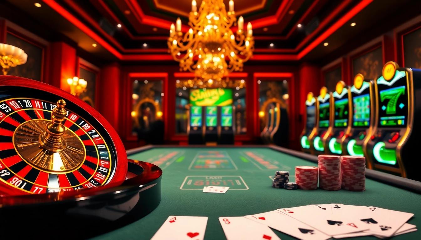 Engage with excitement at trang chủ gg88 with a modern online casino scene featuring roulette, poker chips, and slot machines.