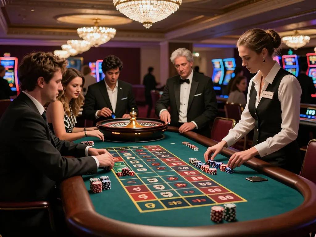 Players engaging in strategic bets at Nhà cái 33WIN's roulette table in an upscale casino