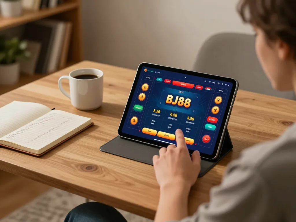 Player using BJ88 app on tablet for online gaming strategy, cozy home environment.