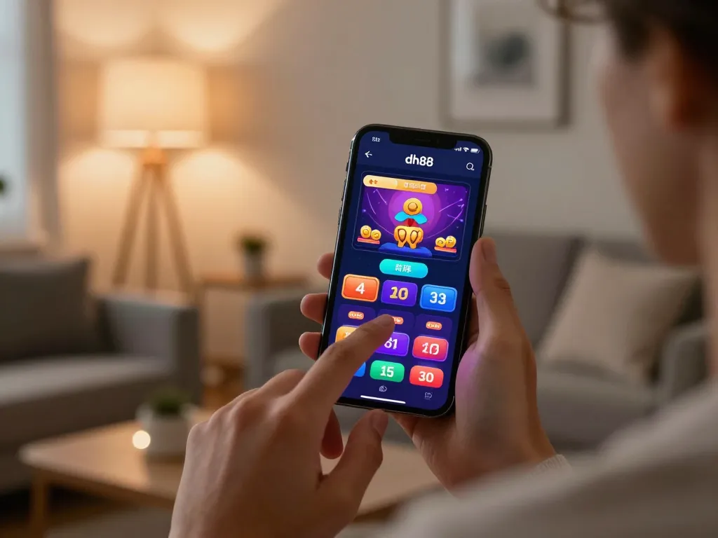 User interacts with the dh88 app on a smartphone for immersive online gaming experience in a cozy home setting.