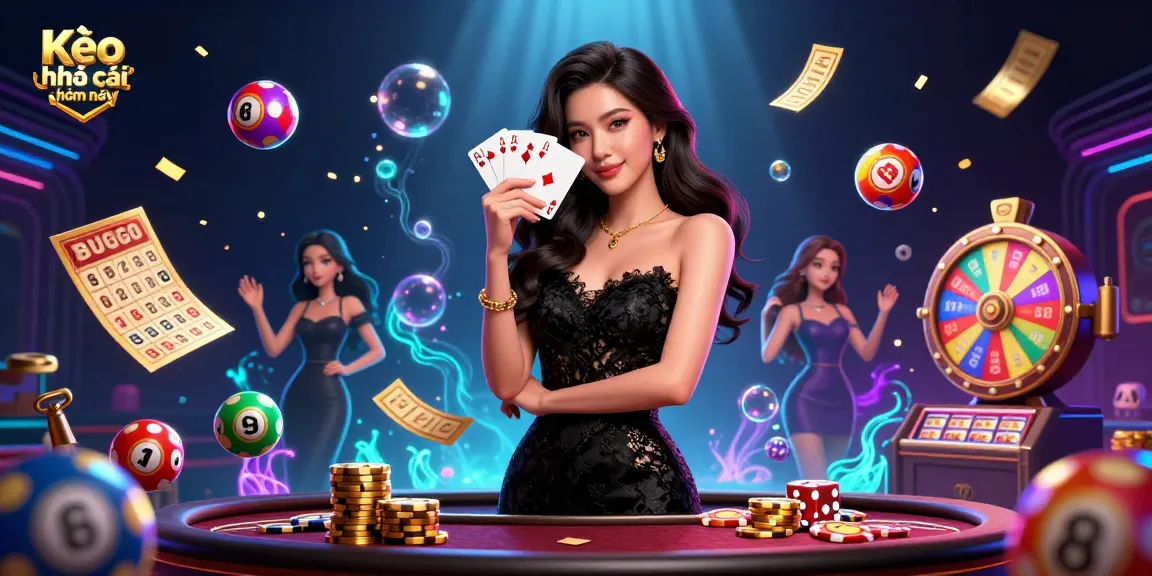 Experience Kèo nhà cái hôm nay with an elegant woman holding poker cards amidst a vibrant casino atmosphere.