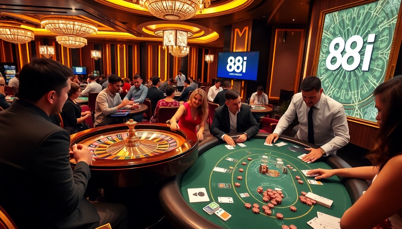 Players enjoy exciting games at the luxurious 88I casino, featuring poker tables and vibrant roulette wheels.
