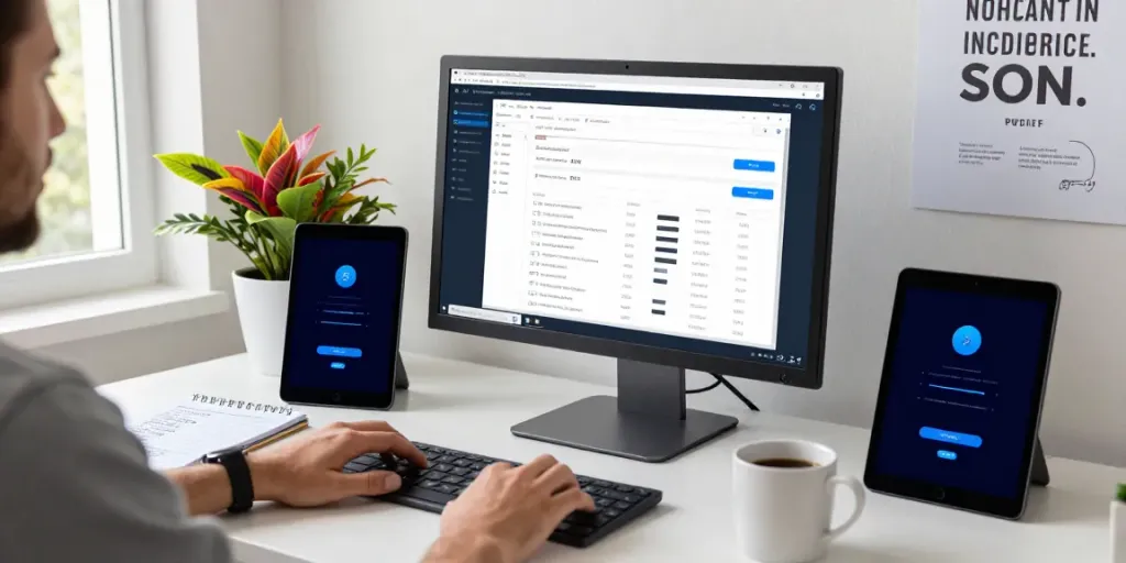 Engaging scene of instant indexing in action with multiple SEO tools at a tech workspace.