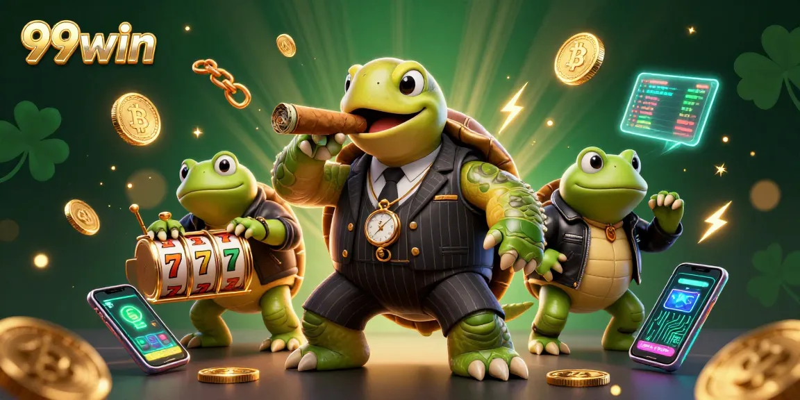 Experience thrilling gameplay at 99win with vibrant 3D cartoon characters amidst casino excitement.