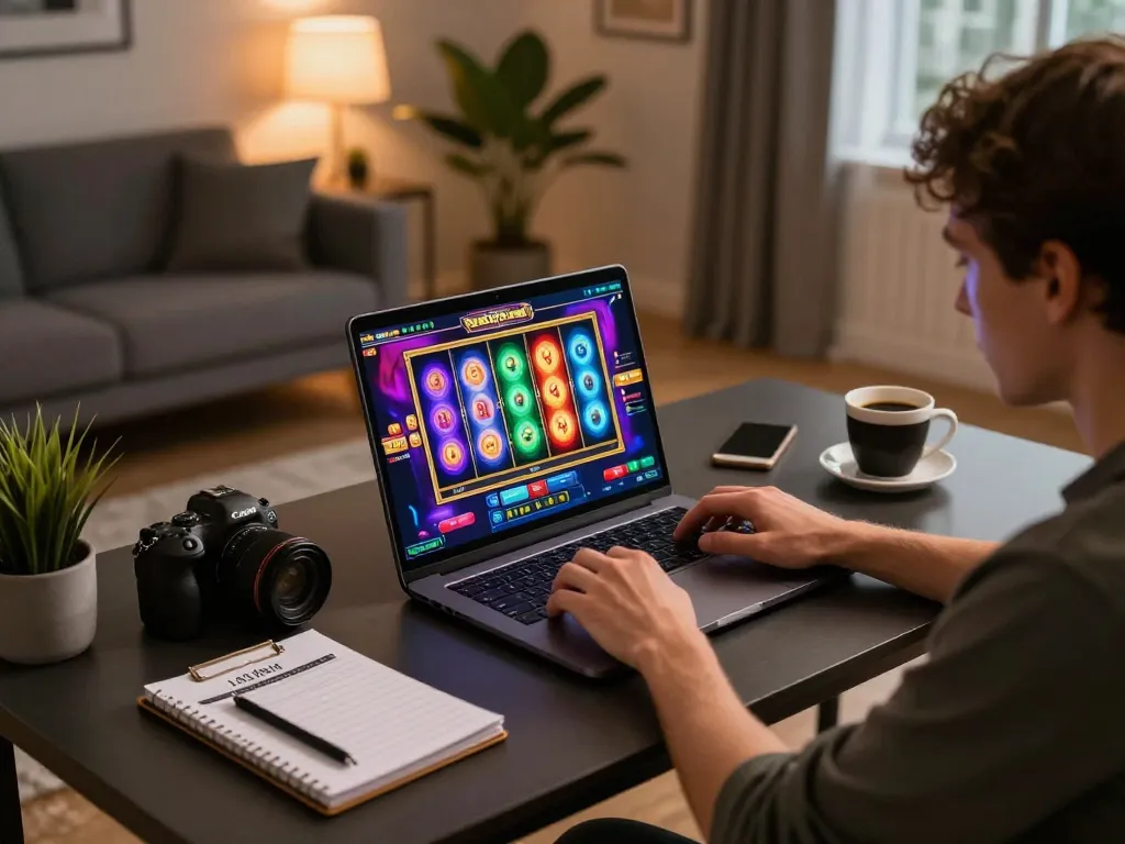 Player enjoying FC88 online slots in a cozy home office, capturing the thrill of virtual gaming