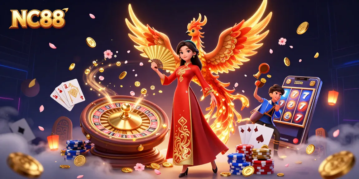 Experience winning excitement with NC88 in this vibrant casino-themed illustration.