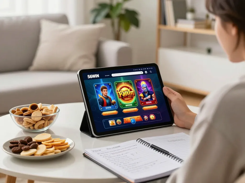 Engaging scene of a player using the 56WIN app on a tablet in a cozy home setting, focusing on strategic gameplay.