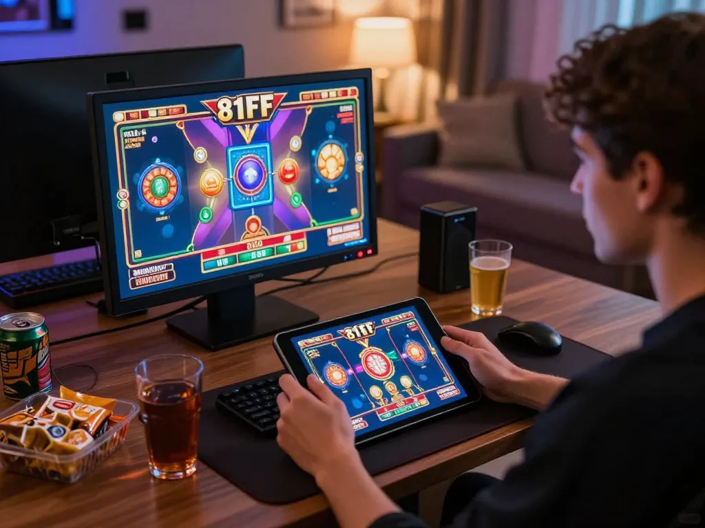 Player engaging with casino slots on 81FF tablet in a cozy home setup with warm lighting