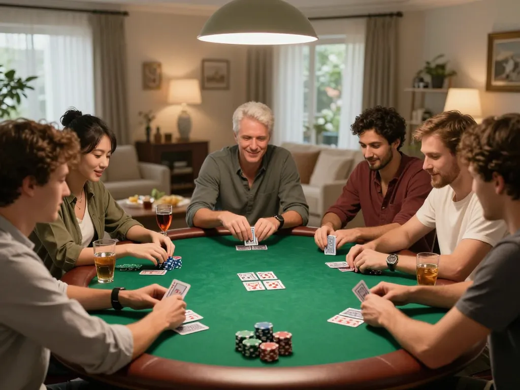 Friends enjoying an intense poker game at home, showcasing competitive atmosphere related to lv88f.