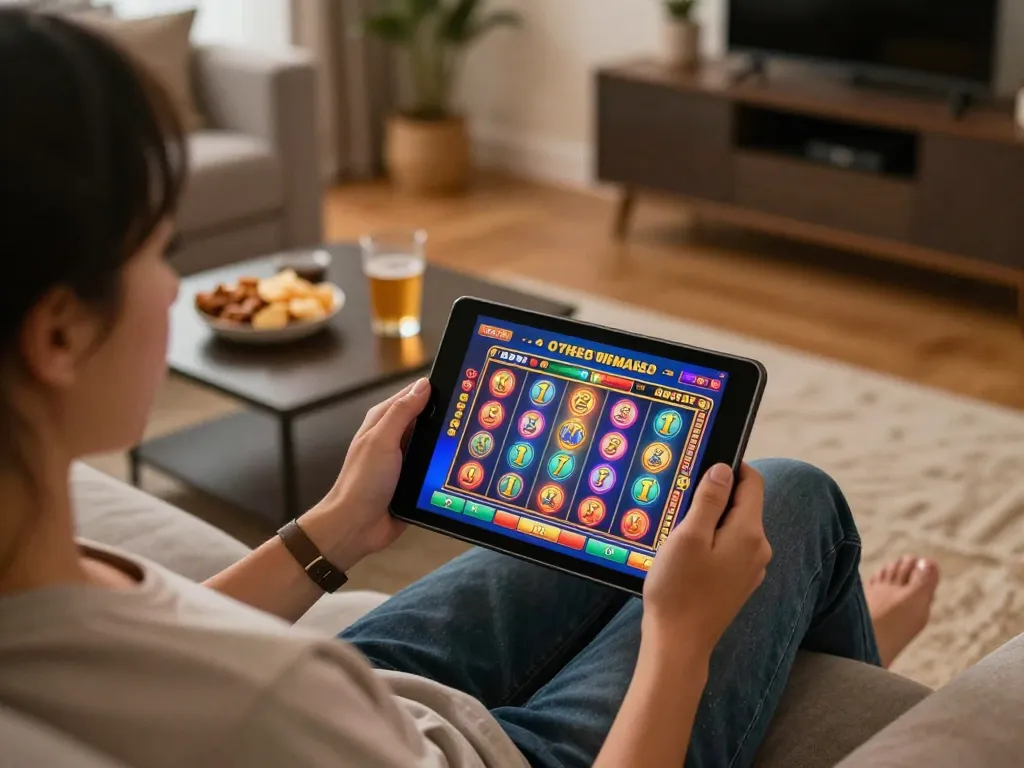 LV88 player enjoying a thrilling mobile slot game while relaxing at home.
