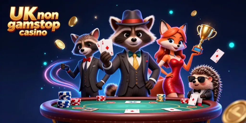 Engaging scene depicting a UK non gamstop casino with a raccoon in a suit holding a royal flush.