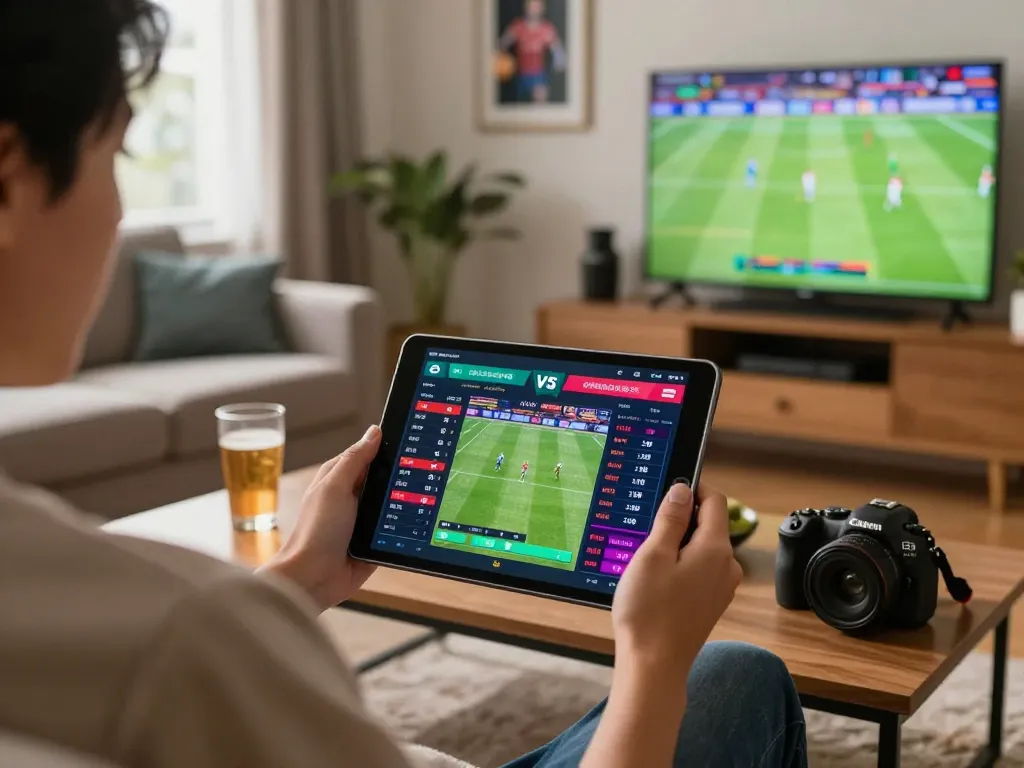 Engaging player using 33win tablet for sports betting in a lively home setting.