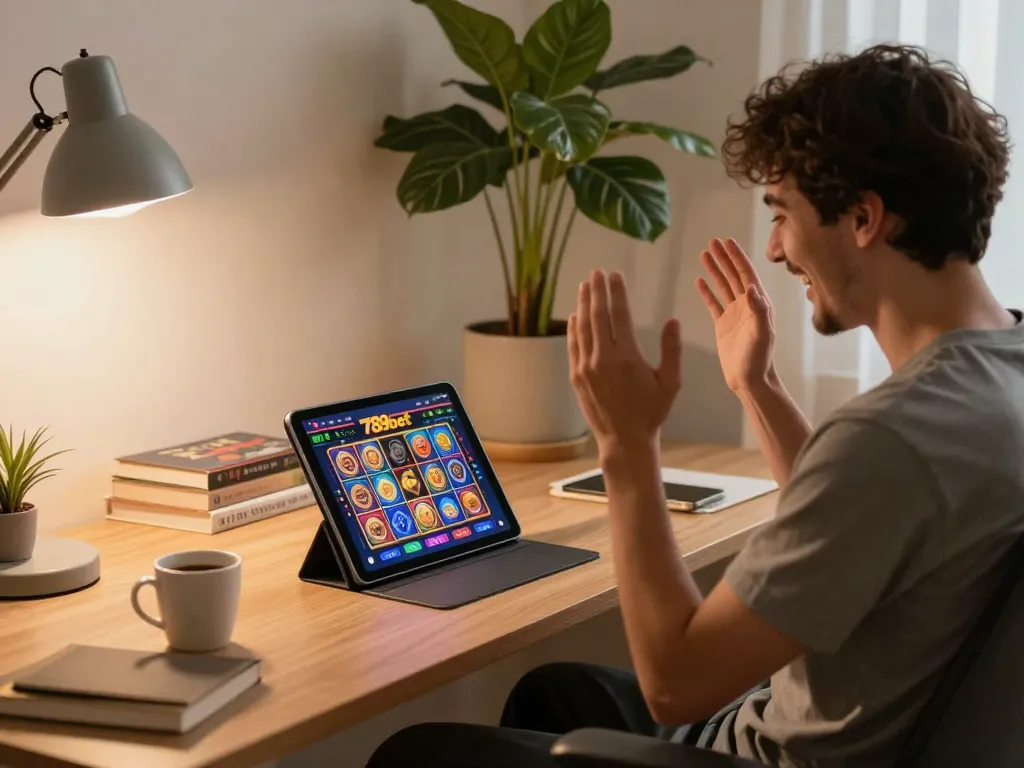 Exciting moment at nhà cái 789bet as a player celebrates a win on their tablet, showcasing online gaming