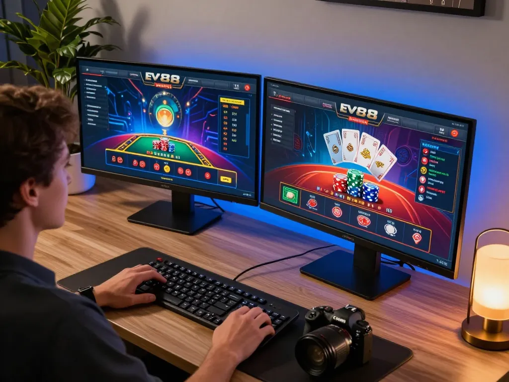 Engaging Ev88 online gaming session with vibrant graphics and sophisticated setup, showcasing responsible gambling.