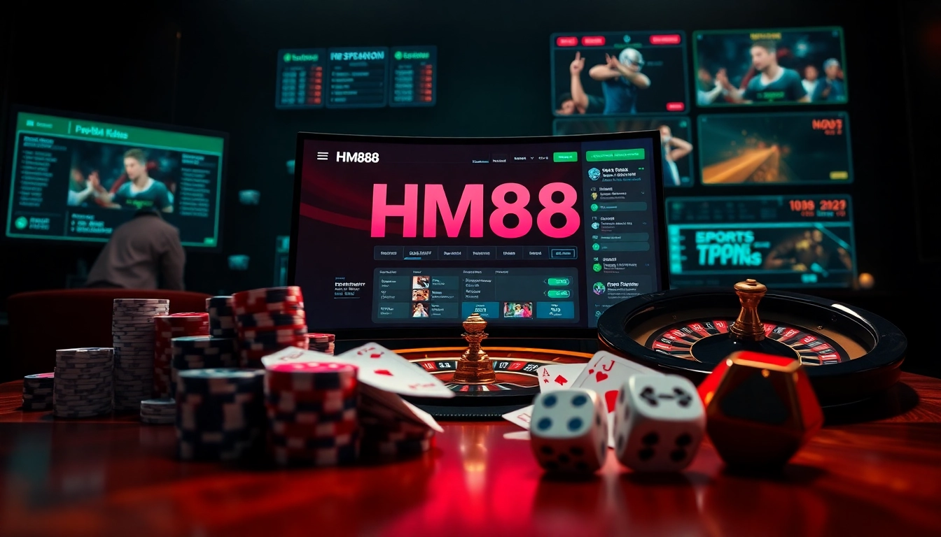 HM88 showcasing strategic online gambling with poker chips, roulette wheel, and digital betting interface