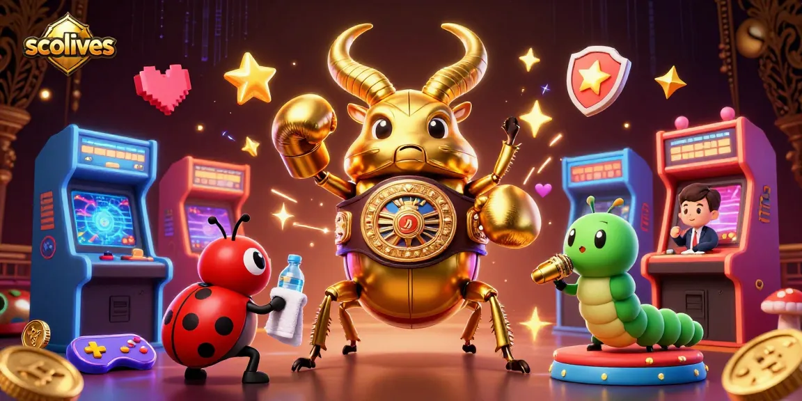 Socolives delivers a thrilling 3D digital illustration showcasing a golden beetle champion in a vibrant casino-themed battle.