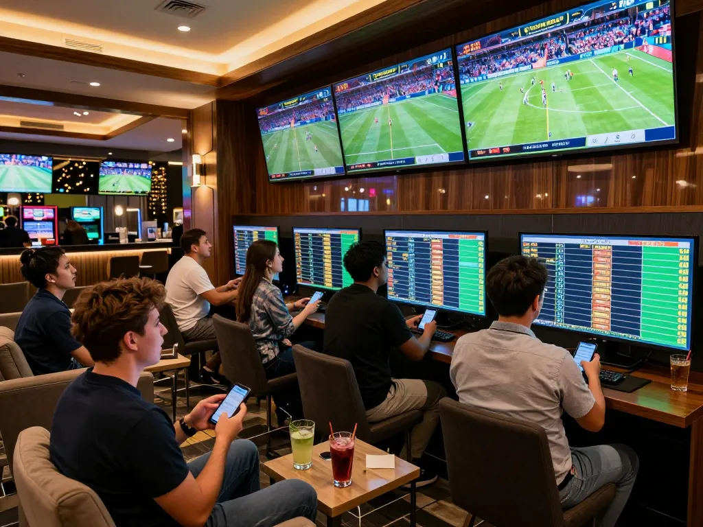 F8BET sports betting lounge capturing patrons engaged in placing live bets and analyzing stats
