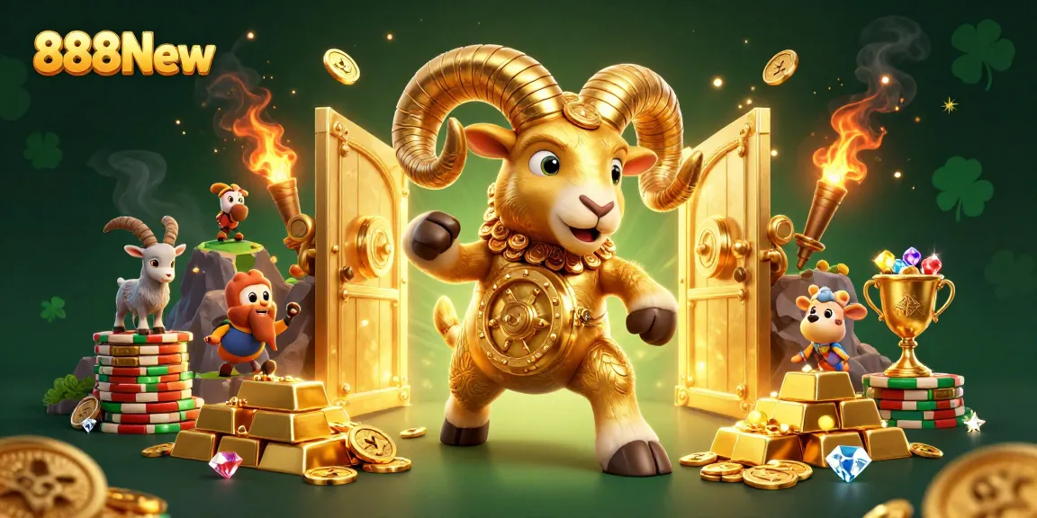 Join 888New for thrilling adventures as the golden ram charges through a treasure-packed casino scene!