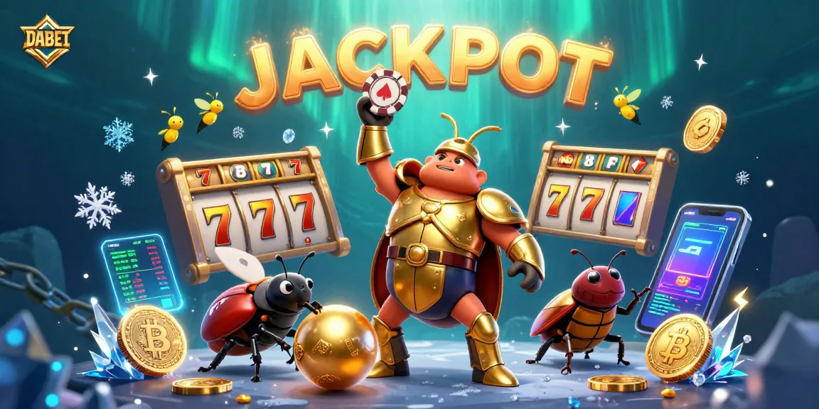 DABET offers a vibrant casino experience with a victorious cartoon beetle and dynamic gambling elements.