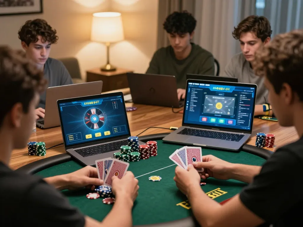 Players actively participating in EE88 BET poker game on tablets and laptops in a cozy home setting.