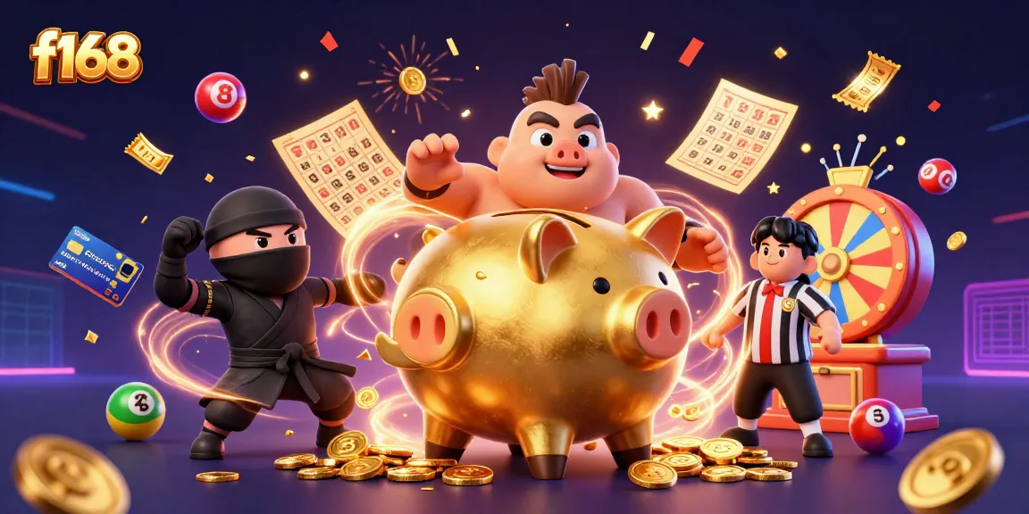 Experience the thrilling wins at f168 with a dynamic illustration of a piggy bank sumo wrestler, ninja, and referee