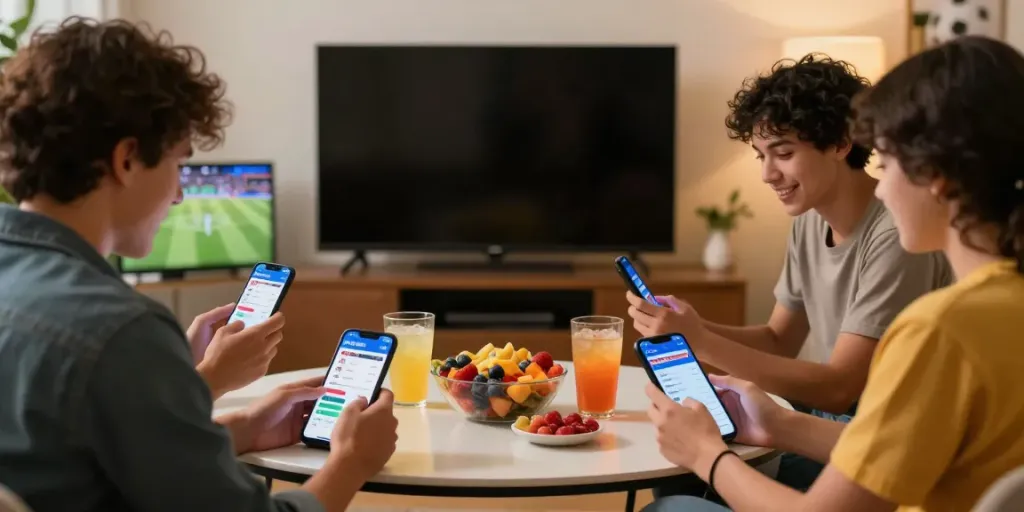 Friends enjoying a sports betting experience on five88 with live games displayed.