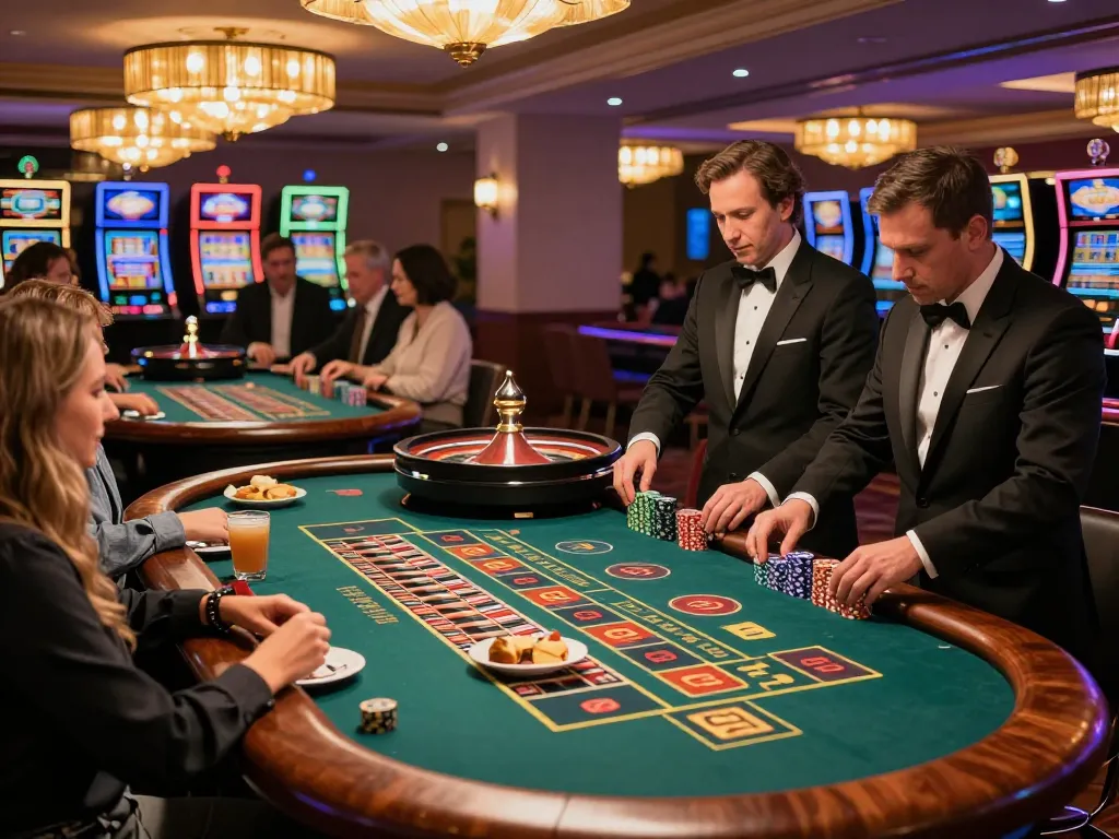 Experience the excitement at https://www.mnm88.com/ with players around vibrant roulette tables celebrating wins.