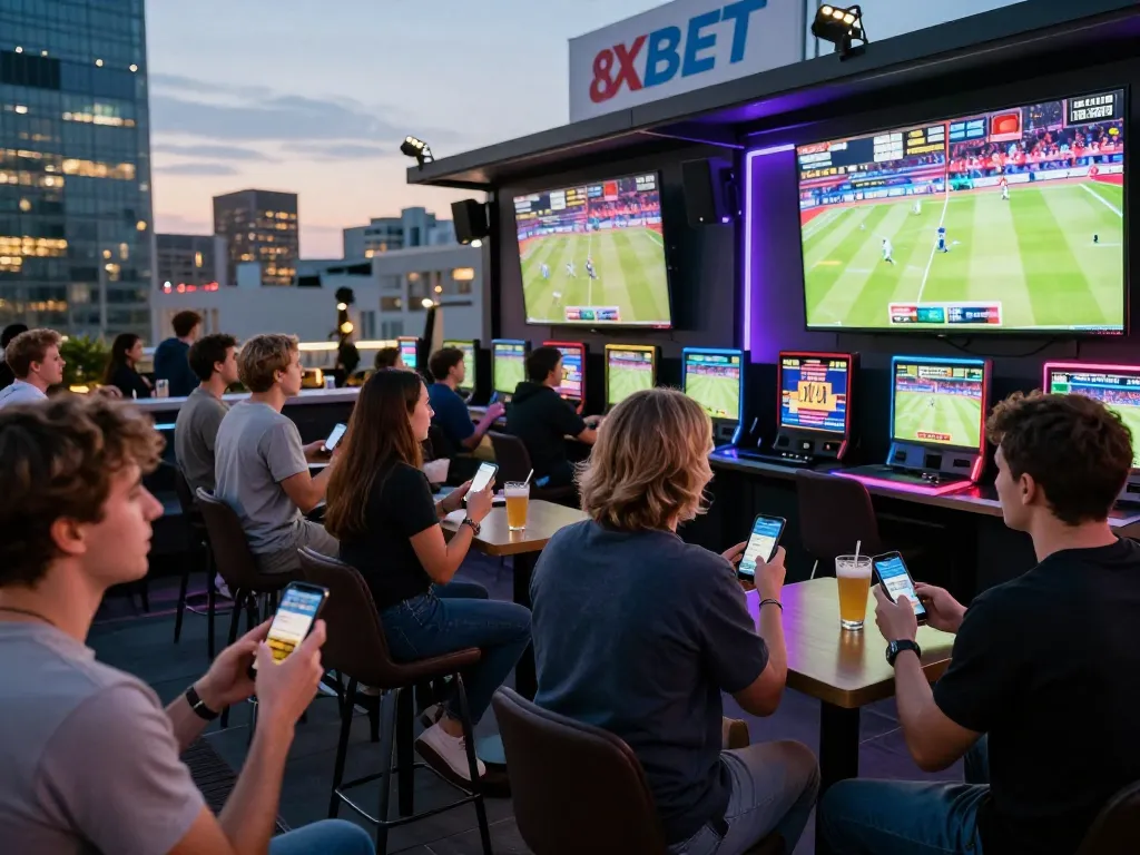 Fans enjoying sports betting at a lounge, placing bets with 8xbet app for a thrilling experience