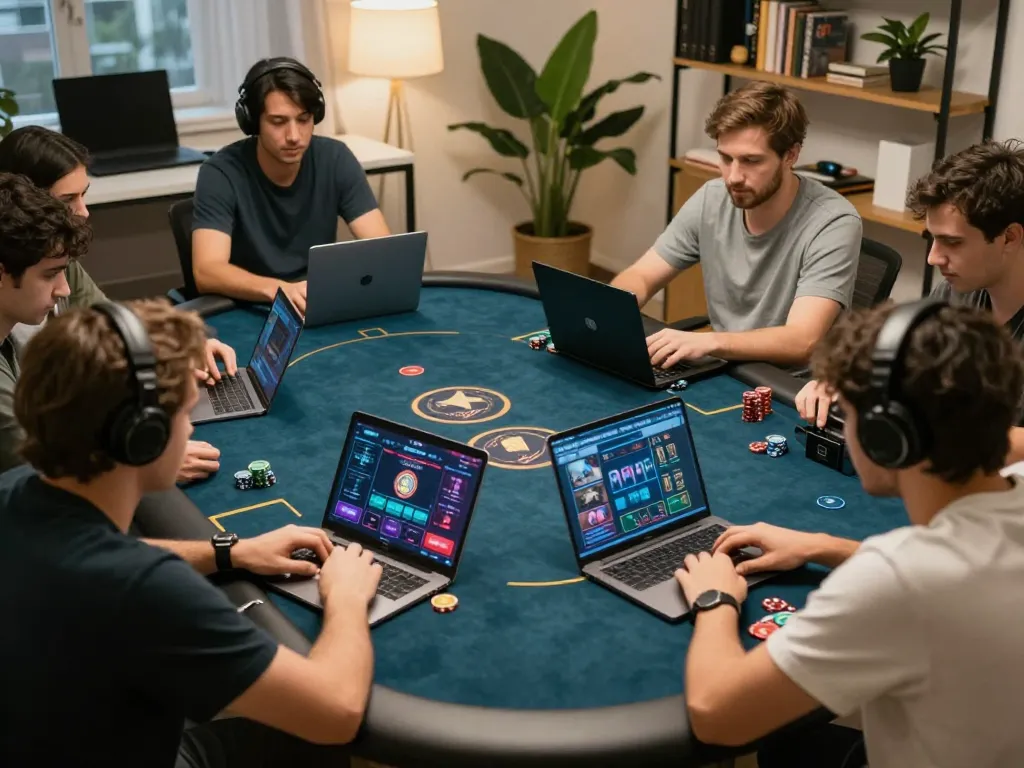 Daga players engaging in a strategic online poker game in a cozy home setting.