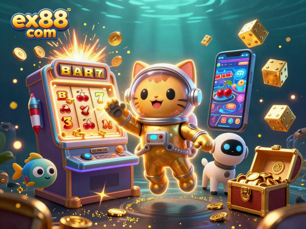 Experience thrilling adventures with ex88 com in this vibrant 3D casino-inspired scene packed with excitement.